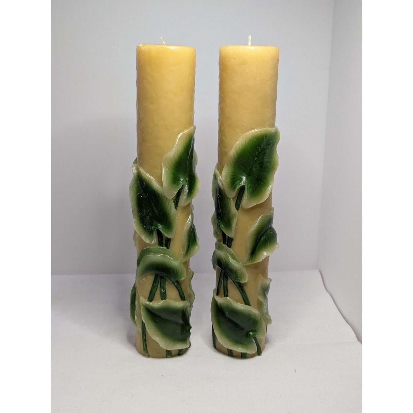 Dept 56 14" Pillar Candle Pair Retro Molded Painted Leaf Hand Carved Wax Candle