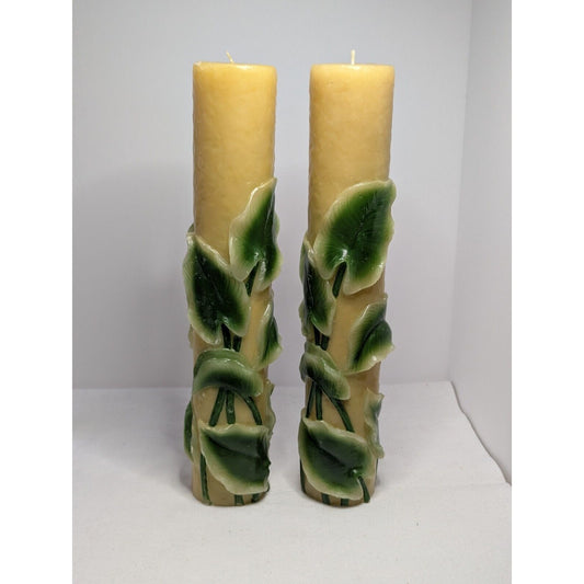 Dept 56 14" Pillar Candle Pair Retro Molded Painted Leaf Hand Carved Wax Candle