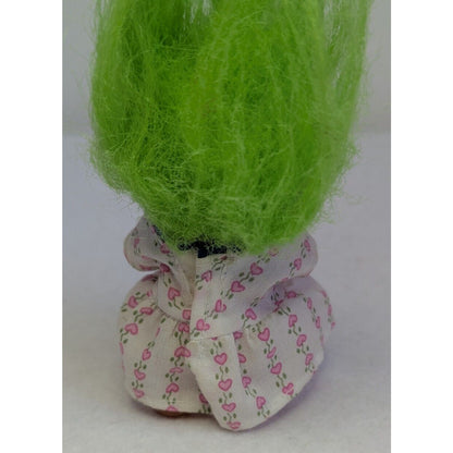 1985 D.A.M. 3" Troll Doll with Pink Heart Flower Dress and Green Hair Brown Eyes