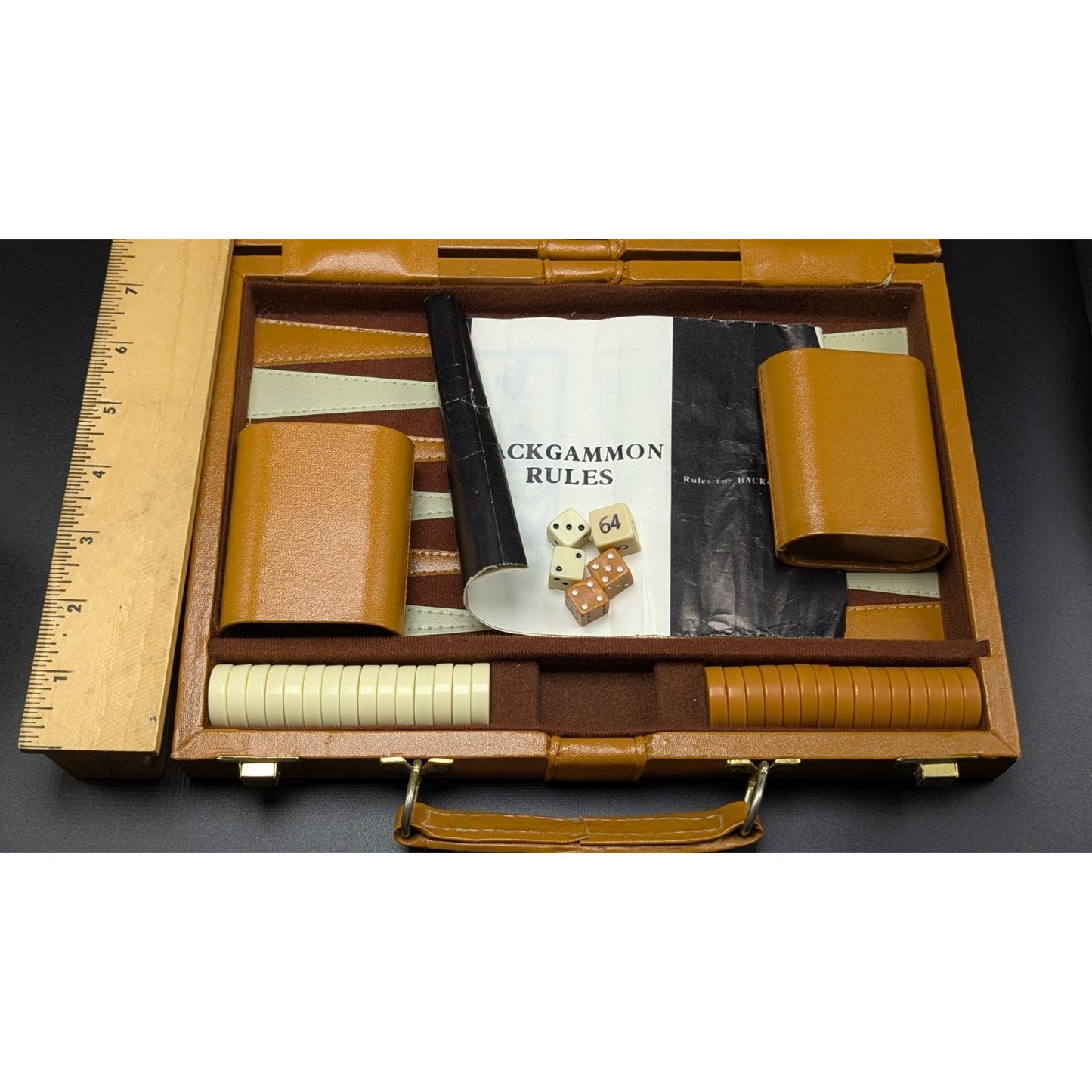 Vintage Brown Faux Leather Mini Travel Backgammon With Case Complete