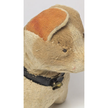 Antique 1900s Handmade Straw Stuffed Rag Dog with Glass Eye and Collar