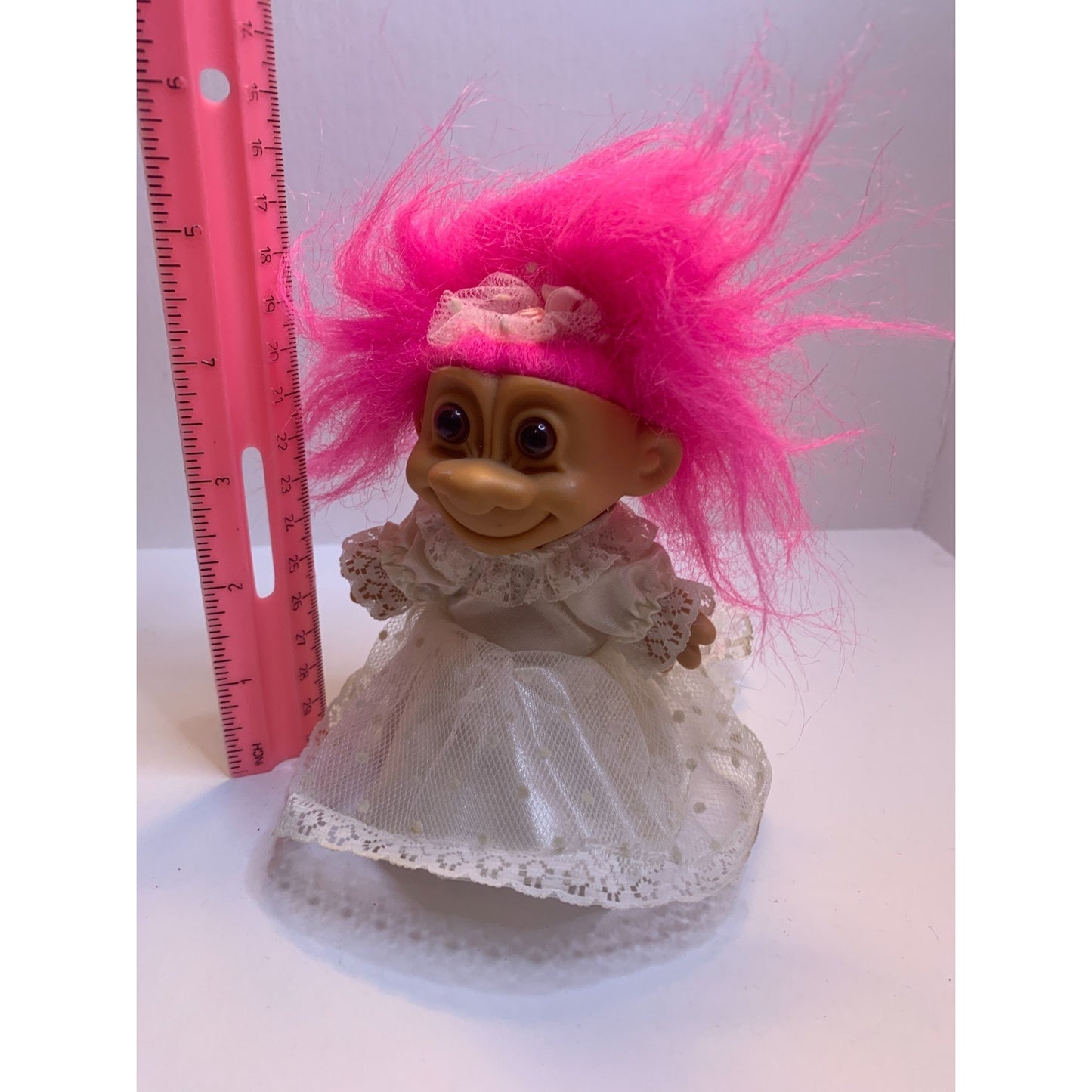 Vintage 1990s Russ 8" Bride Wedding Dress Troll Doll Pink Hair