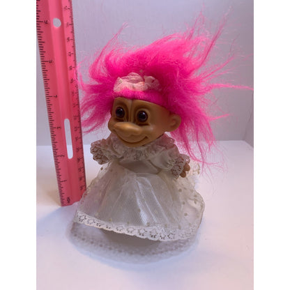 Vintage 1990s Russ 8" Bride Wedding Dress Troll Doll Pink Hair