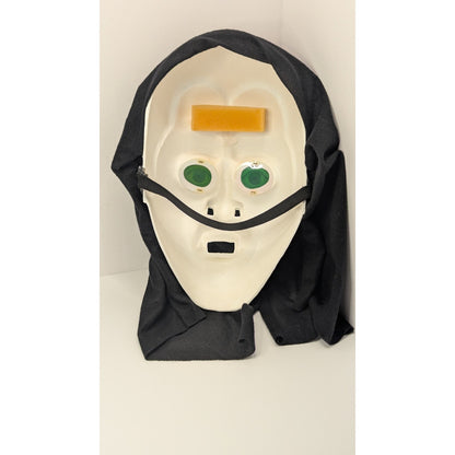 Vintage Vampire Halloween Mask Plastic W/ Hood Glowing Green Hologram Eyes