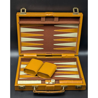 Vintage Brown Faux Leather Mini Travel Backgammon With Case Complete