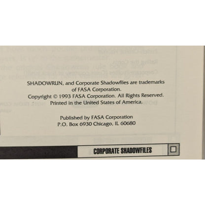 TTRPG Shadowrun Sourcebook #7113 Corporate Shadowfiles Nigel Findley FASA 1993