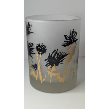 Georges Briard MCM Frosted Old Fashioned Rocks Glasses Set/2 Black Gold Floral