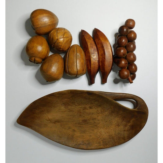 Vintage Alii Woods Wooden Leaf Shaped Bowl with 8 Mixed Wood Fruits
