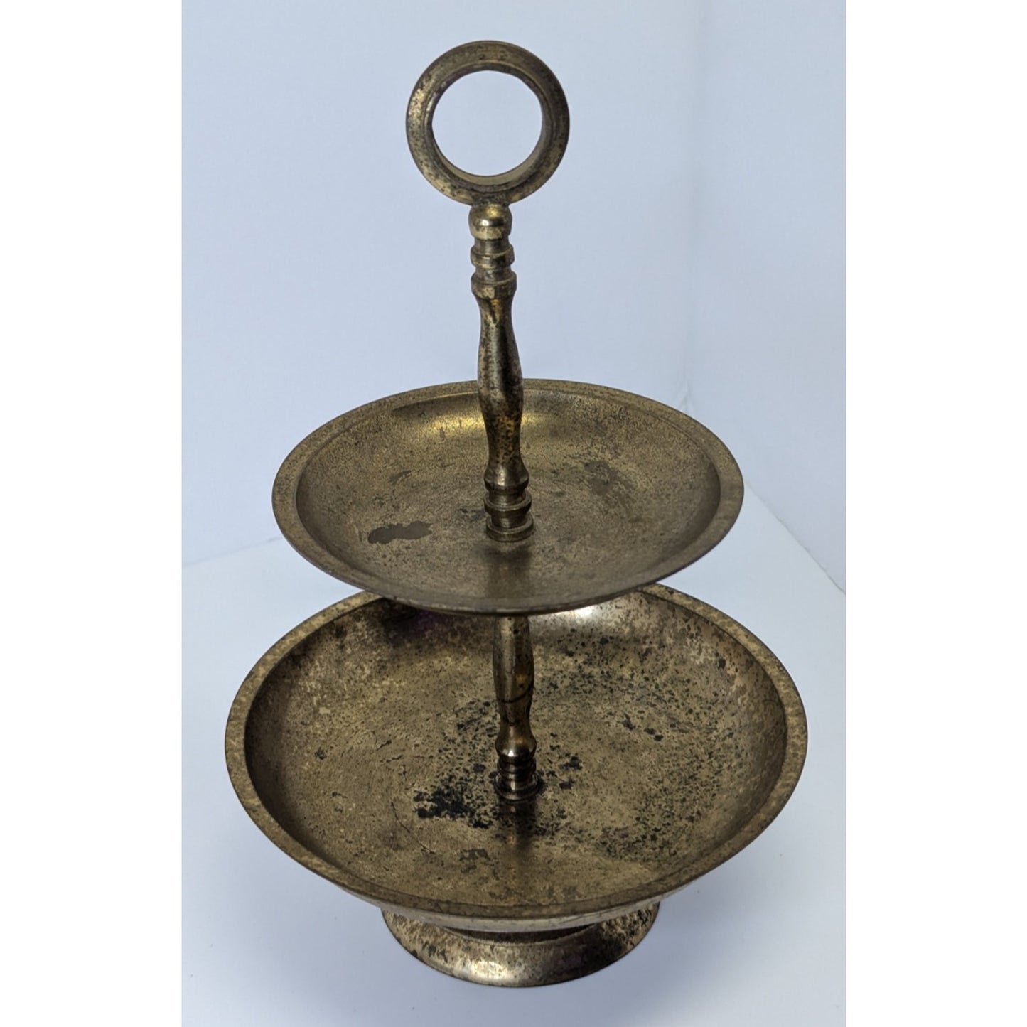 Vintage 2-Tier Brass Gold Tone Circular Jewelry Trinket Trays Stand 8” Metal