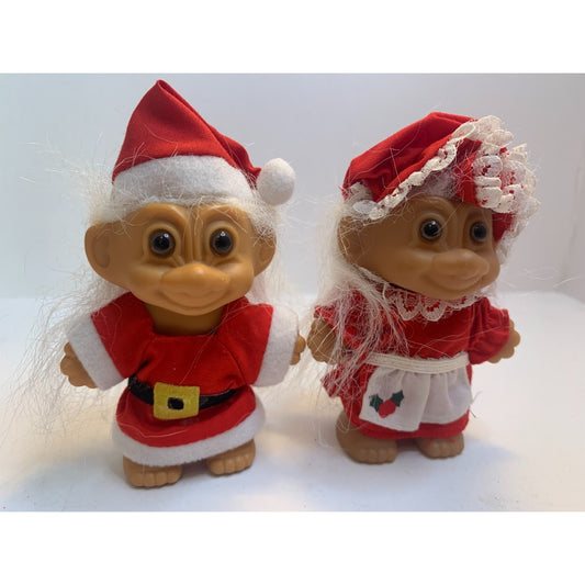 Vintage Pair Of Russ Troll Dolls Christmas Mr & Mrs Santa Claus 3"