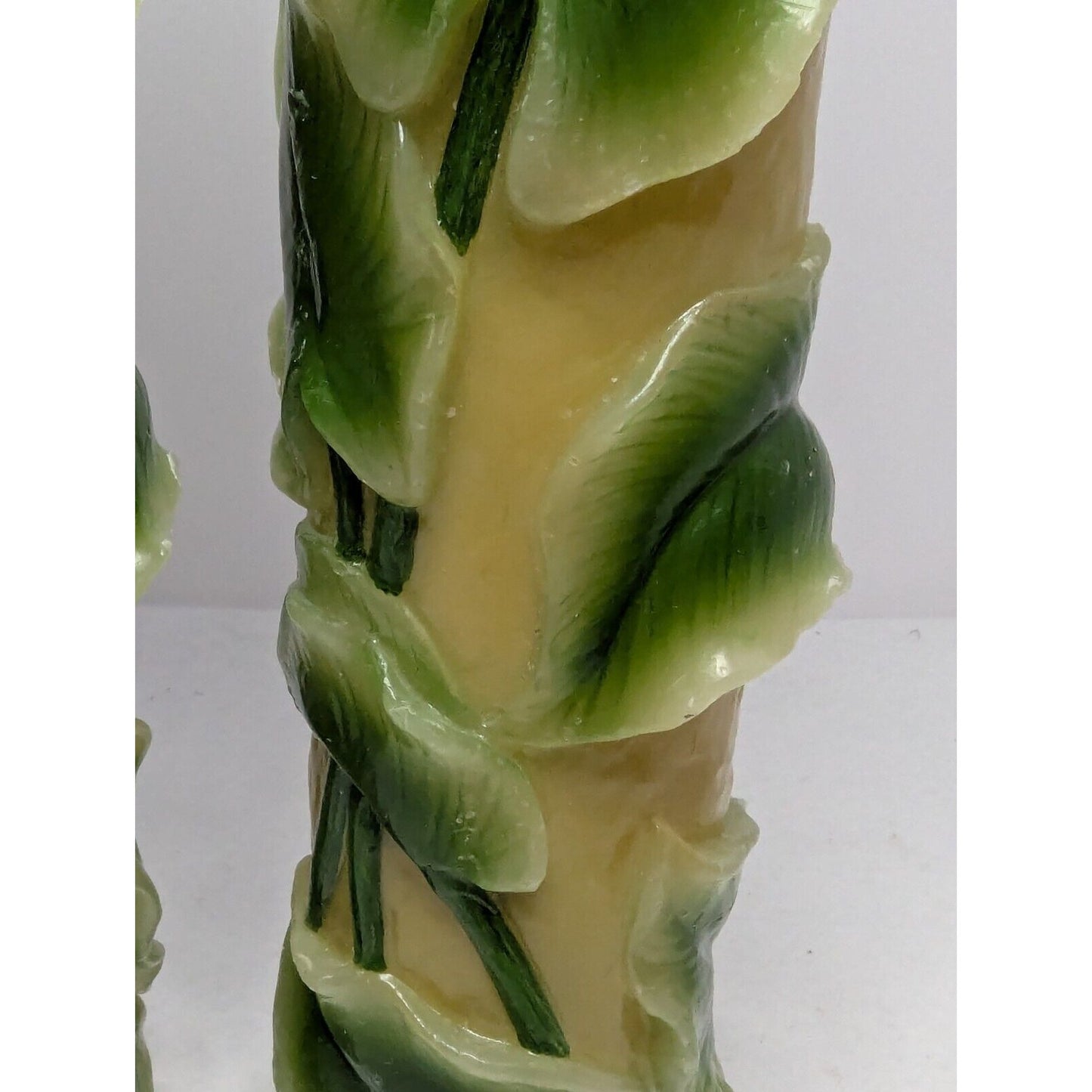 Dept 56 14" Pillar Candle Pair Retro Molded Painted Leaf Hand Carved Wax Candle