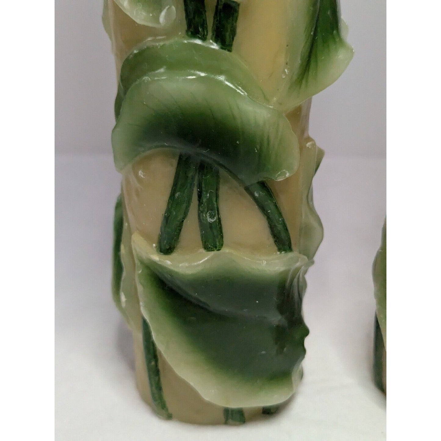 Dept 56 14" Pillar Candle Pair Retro Molded Painted Leaf Hand Carved Wax Candle