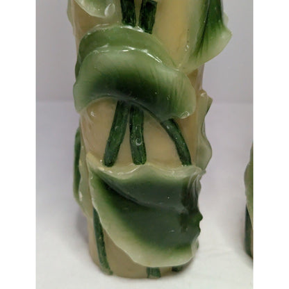 Dept 56 14" Pillar Candle Pair Retro Molded Painted Leaf Hand Carved Wax Candle