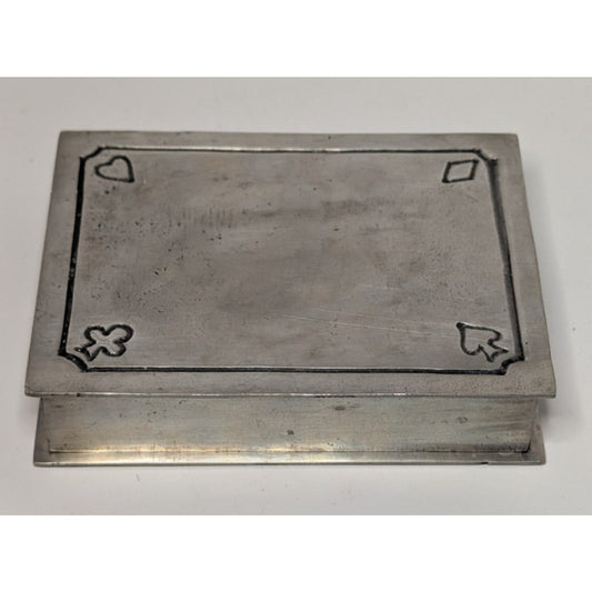 5.5" Vintage Pewter Playing Card Box w/Hinged Lid Decorated Card Suits