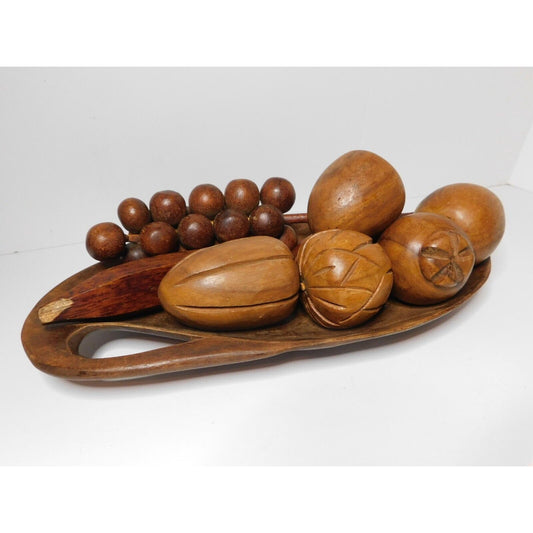 Vintage Alii Woods Wooden Leaf Shaped Bowl with 8 Mixed Wood Fruits