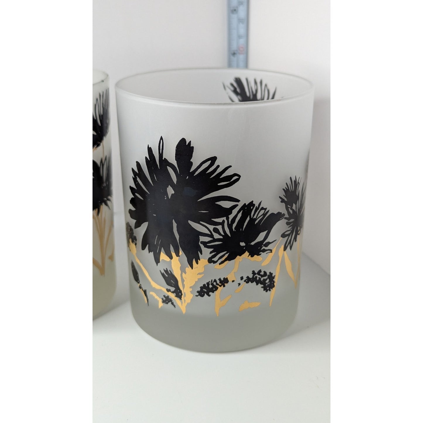 Georges Briard MCM Frosted Old Fashioned Rocks Glasses Set/2 Black Gold Floral