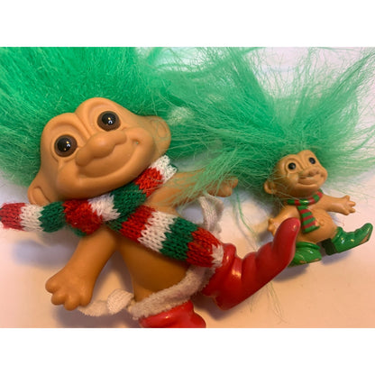 Two Vintage 90's Russ Christmas Elf Troll Dolls Mini & Pencils Topper Green Hair