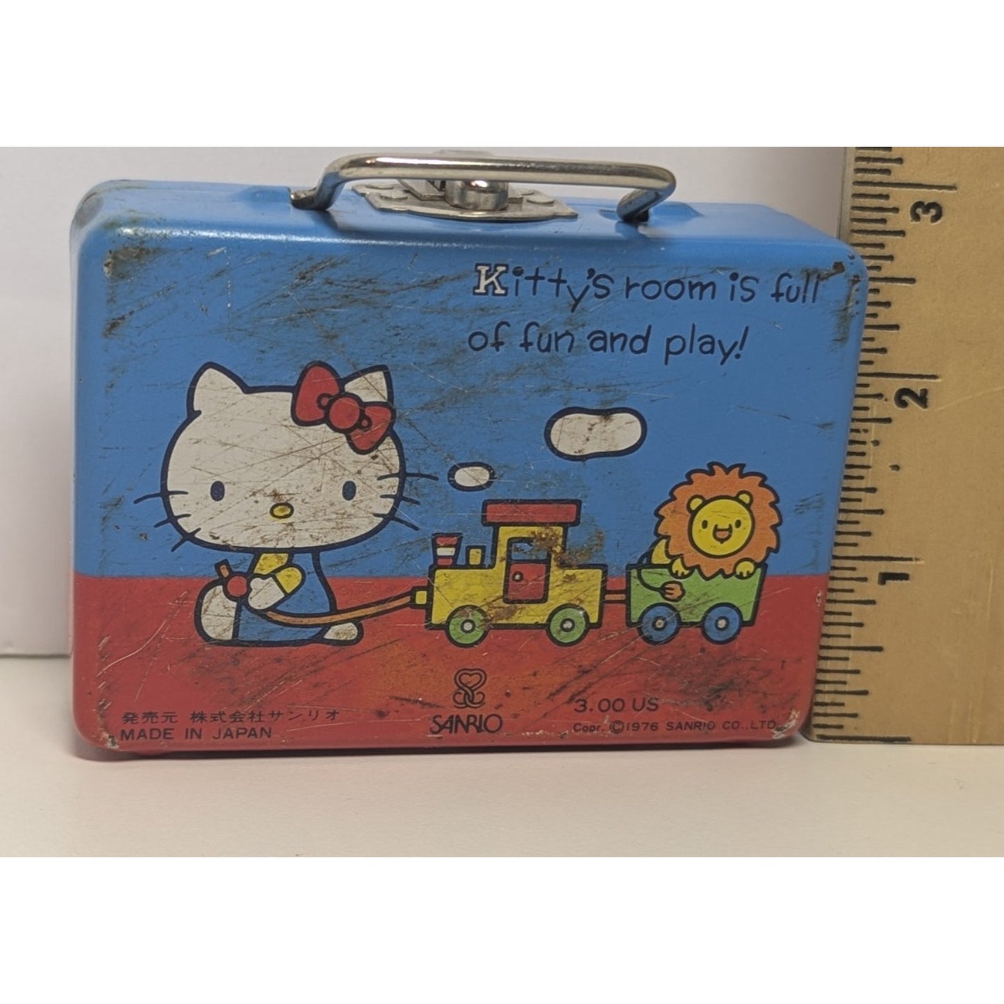 1976 Vintage Sanrio Hello Kitty Tiny Tin Mini Lunch Box 4" x 2.75"