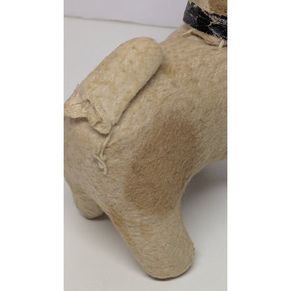 Antique 1900s Handmade Straw Stuffed Rag Dog with Glass Eye and Collar