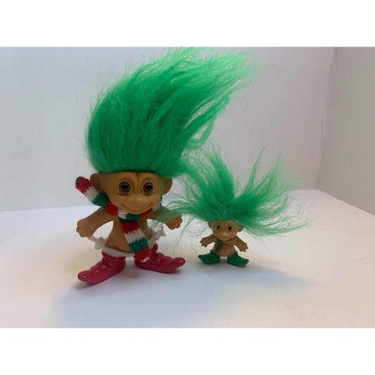 Two Vintage 90's Russ Christmas Elf Troll Dolls Mini & Pencils Topper Green Hair