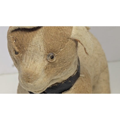 Antique 1900s Handmade Straw Stuffed Rag Dog with Glass Eye and Collar