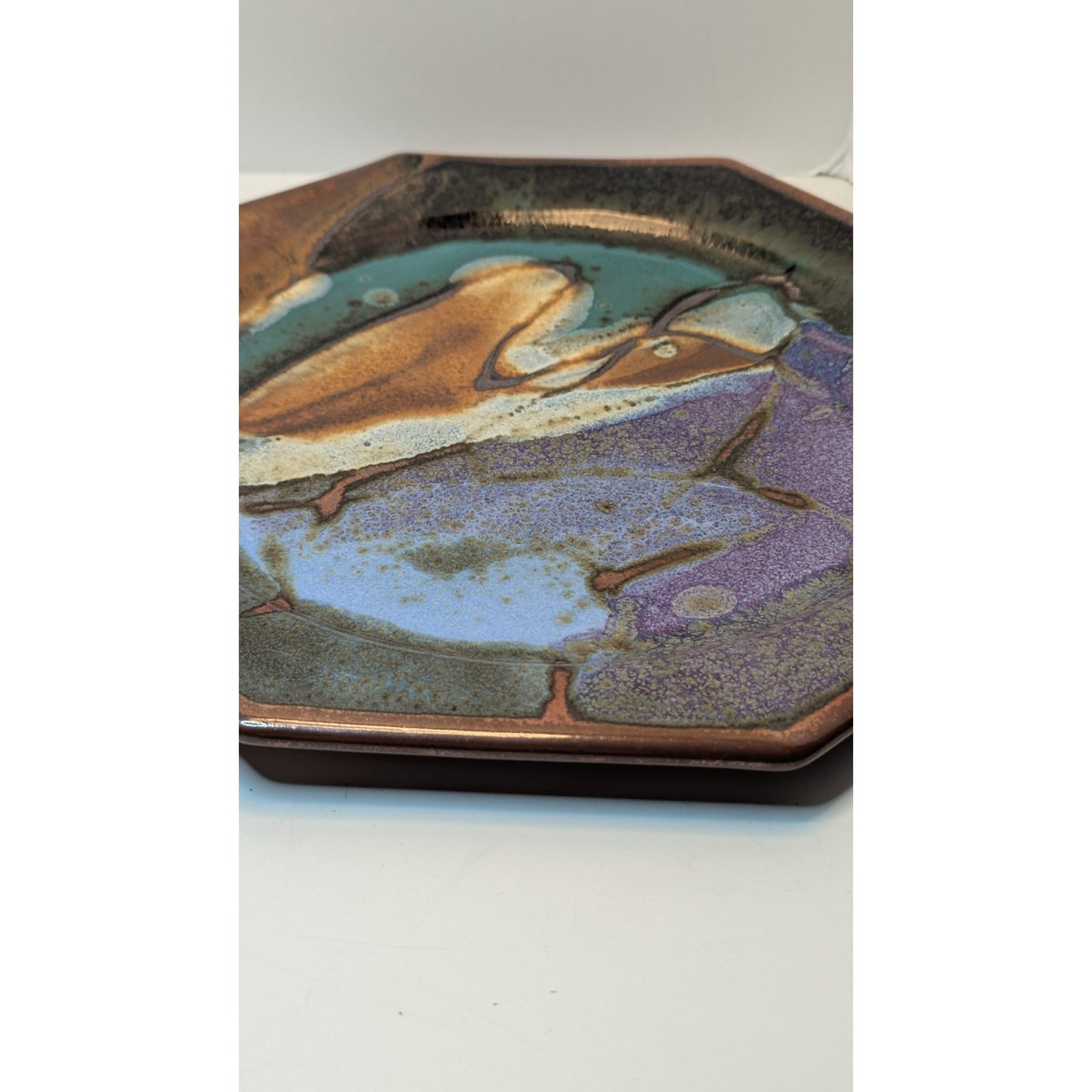 Vintage 1970s Portis Brown 10.75" Octagonal Plate Glazed Pottery Signed B