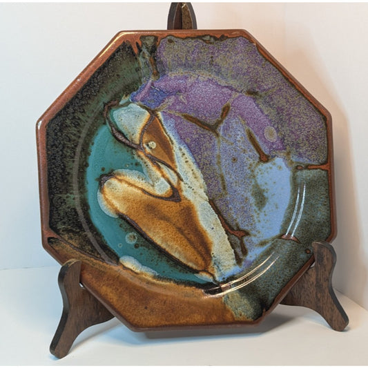 Vintage 1970s Portis Brown 10.75" Octagonal Plate Glazed Pottery Signed B