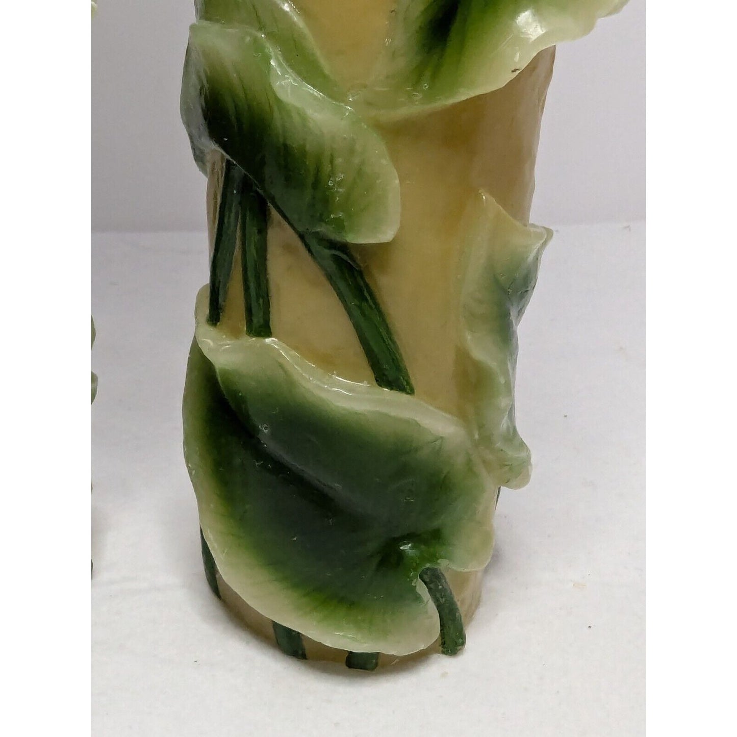 Dept 56 14" Pillar Candle Pair Retro Molded Painted Leaf Hand Carved Wax Candle