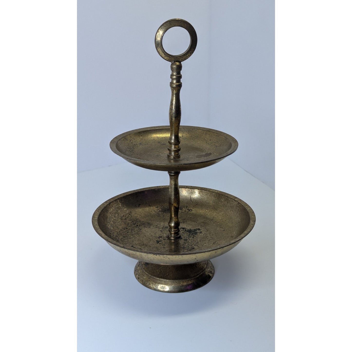 Vintage 2-Tier Brass Gold Tone Circular Jewelry Trinket Trays Stand 8” Metal