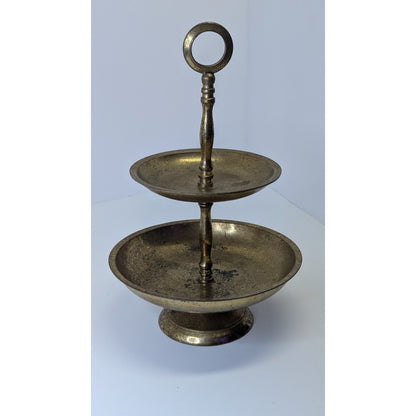 Vintage 2-Tier Brass Gold Tone Circular Jewelry Trinket Trays Stand 8” Metal