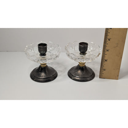 Set of 2 3.5" PM Italian Glass Top Silverplate Candlesticks Half-Inch Tapers