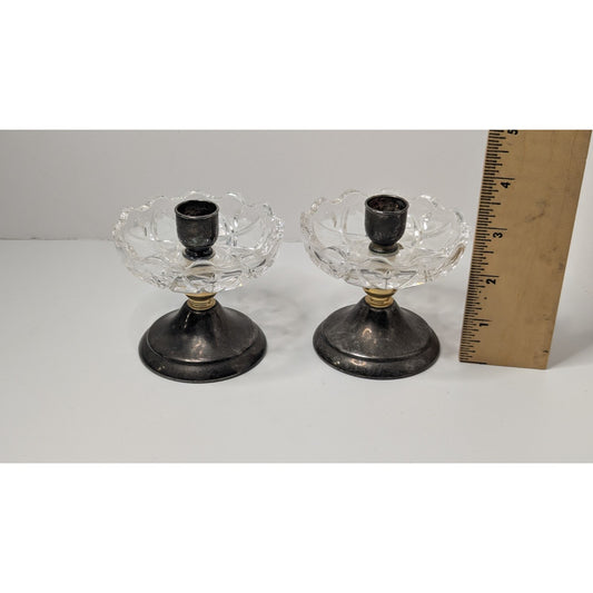 Set of 2 3.5" PM Italian Glass Top Silverplate Candlesticks Half-Inch Tapers