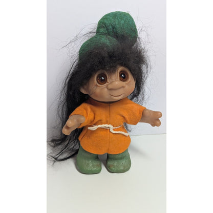Vintage 1980 DAM Troll Doll Black Hair orange OUTFIT with Green HAT 10"