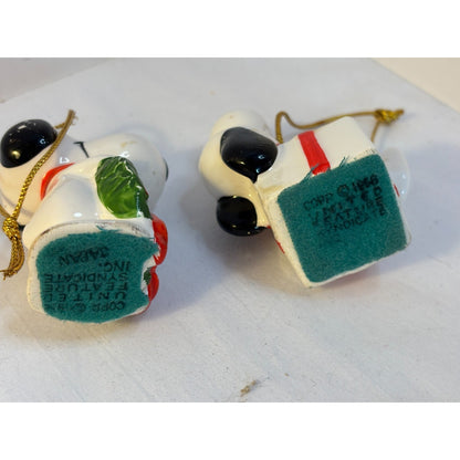 Two Vintage Snoopy Peanuts Ceramic Christmas Gift Present Wreath Ornaments Japan