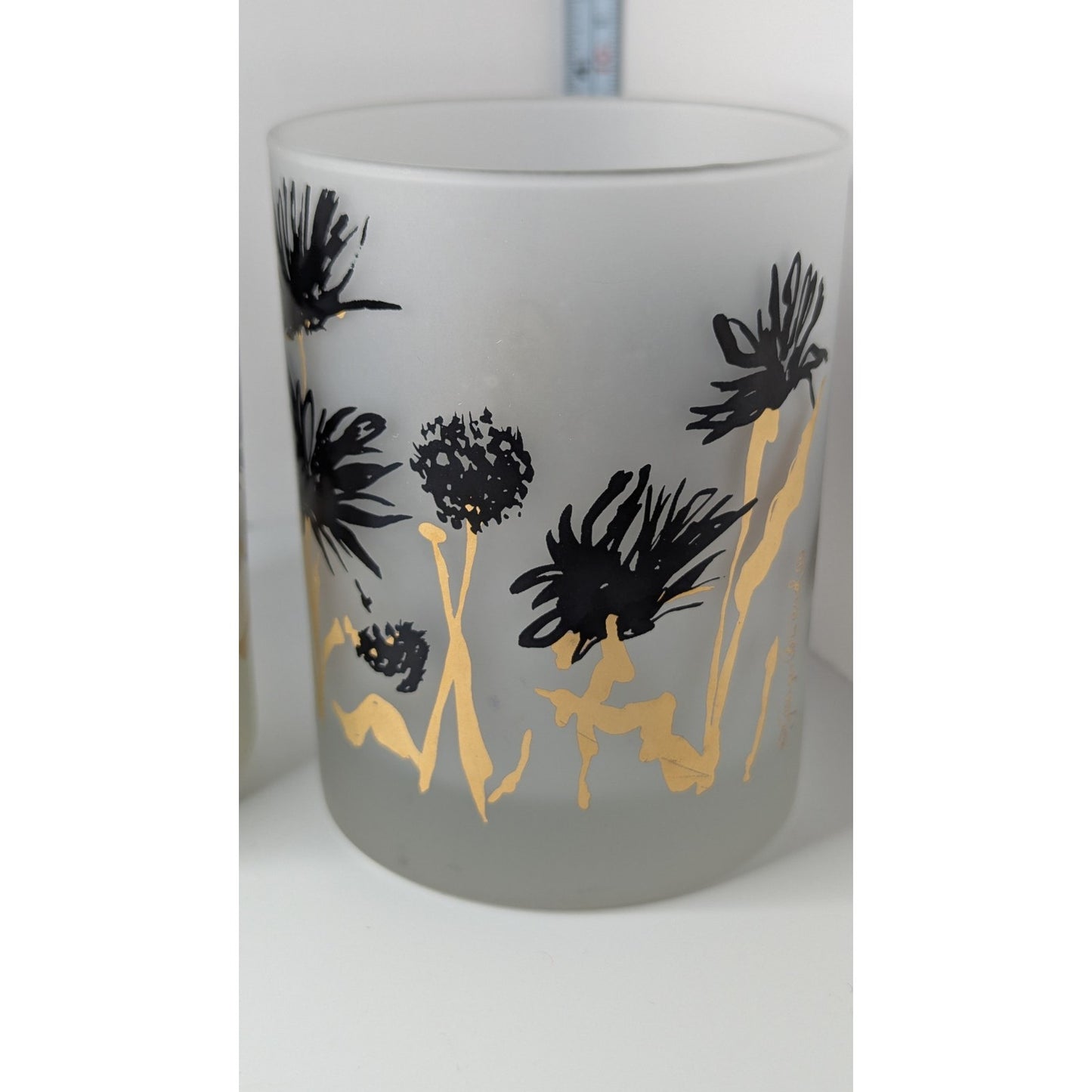 Georges Briard MCM Frosted Old Fashioned Rocks Glasses Set/2 Black Gold Floral