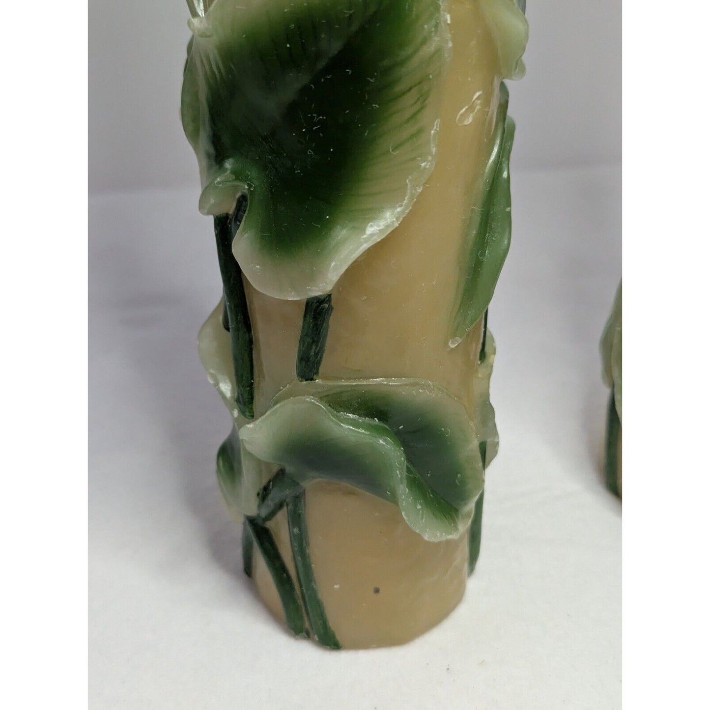 Dept 56 14" Pillar Candle Pair Retro Molded Painted Leaf Hand Carved Wax Candle
