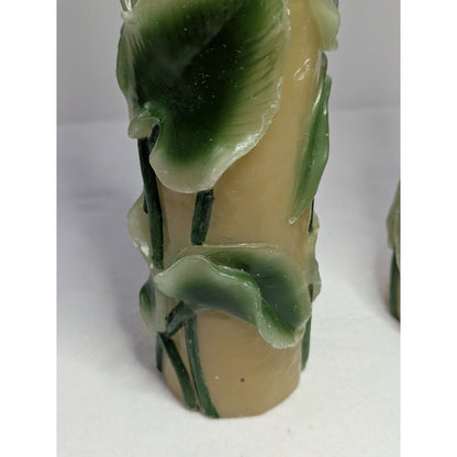 Dept 56 14" Pillar Candle Pair Retro Molded Painted Leaf Hand Carved Wax Candle