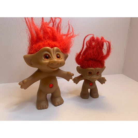 Set Of 2 Vtg Treasure Trolls With Jewel Gem Belly Good Luck Ace Novelty Red