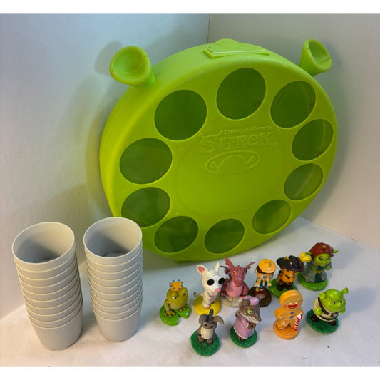 Shrek 2006 DWA MGA Lot of 10 Mini Figurines 20 Cups & Case Complete Game RARE