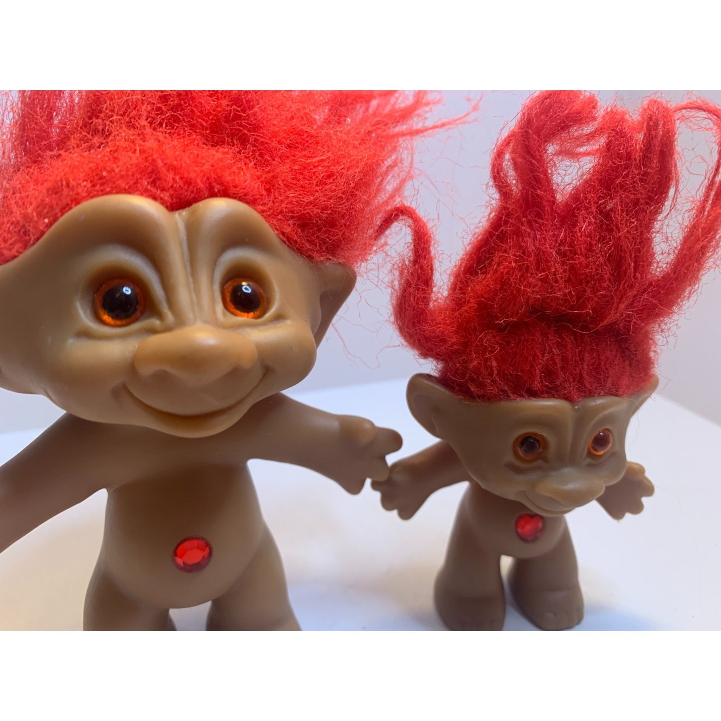 Set Of 2 Vtg Treasure Trolls With Jewel Gem Belly Good Luck Ace Novelty Red
