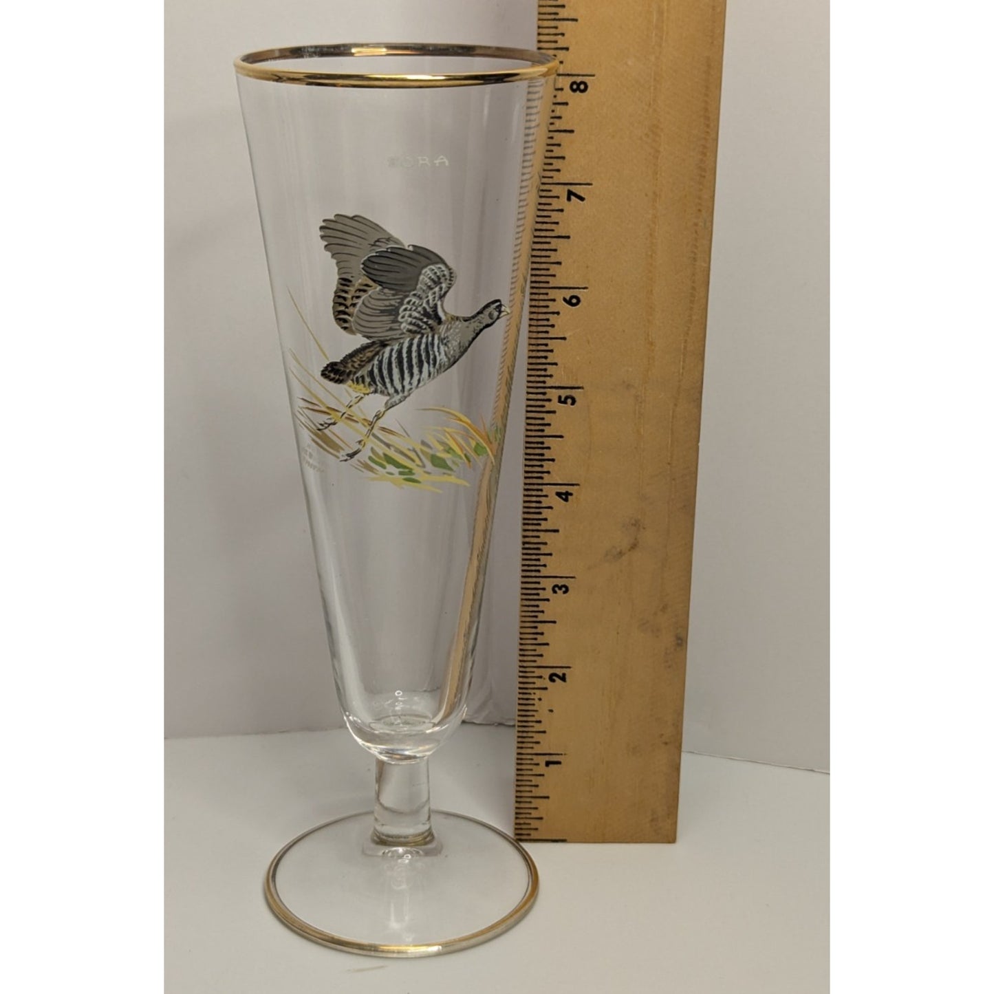 Vintage Ned Smith Hand Painted 8.25" SORA Gold Rimmed Pilsner Glass Waterfowl