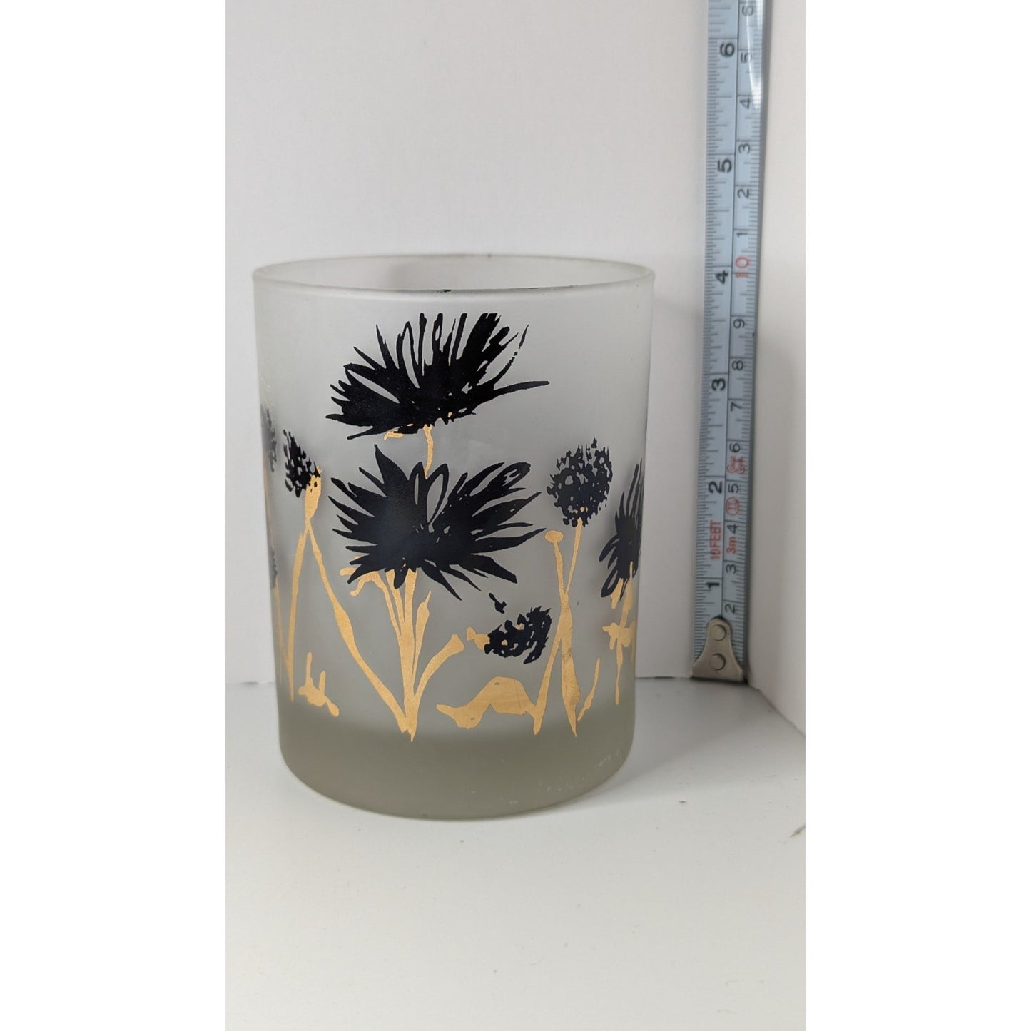 Georges Briard MCM Frosted Old Fashioned Rocks Glasses Set/2 Black Gold Floral