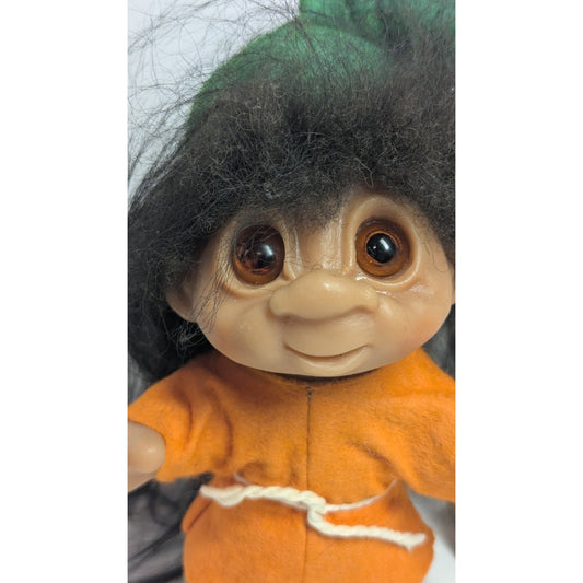 Vintage 1980 DAM Troll Doll Black Hair orange OUTFIT with Green HAT 10"