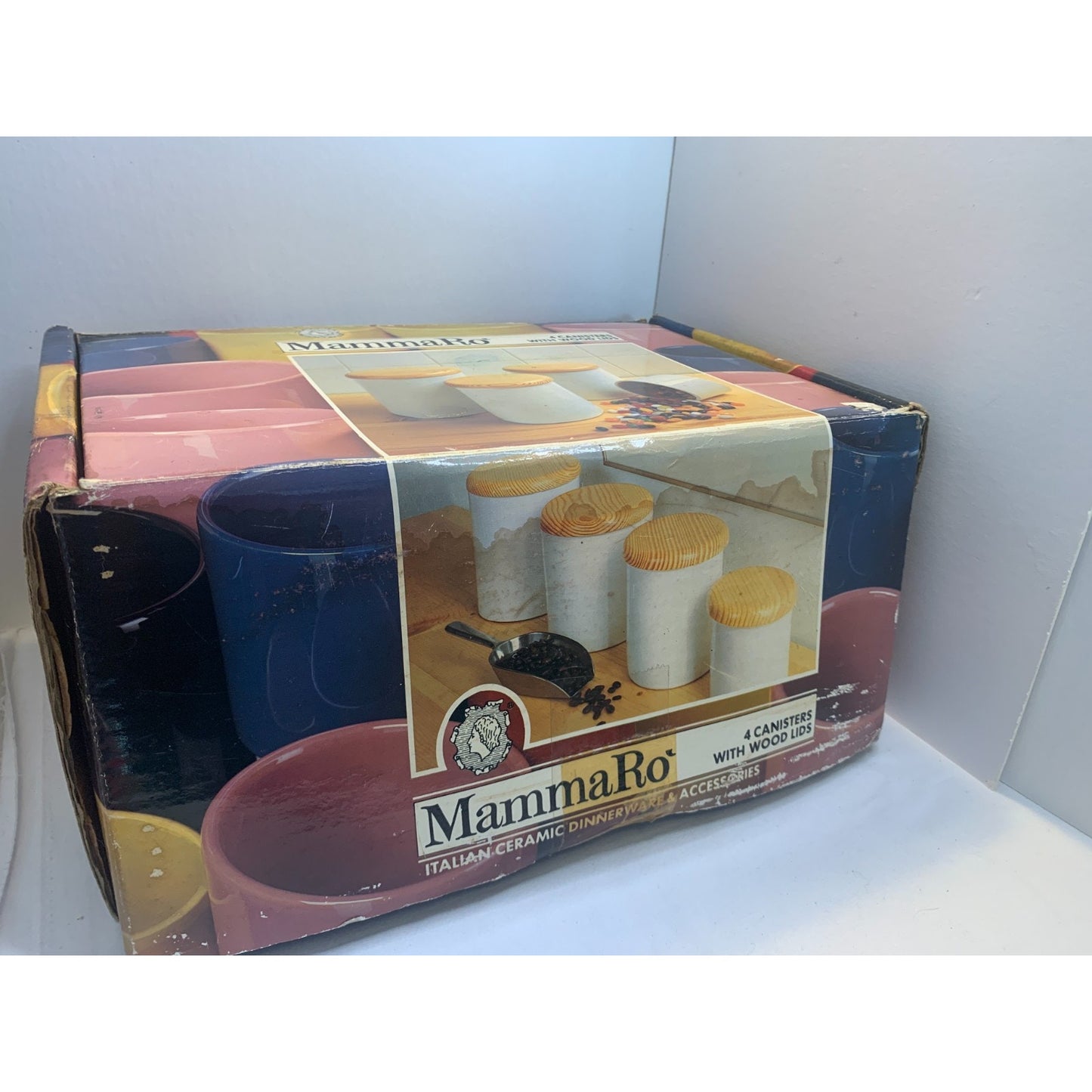 Mamma Ro Pottery Italy Red Set of 4 Canisters Wood Lids in Box New Old Stock