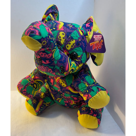 Vtg 90s Sugar Loaf Elephant Plush Psychedelic Paisley Multicolor Neon Toy w/ Tag