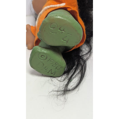 Vintage 1980 DAM Troll Doll Black Hair orange OUTFIT with Green HAT 10"