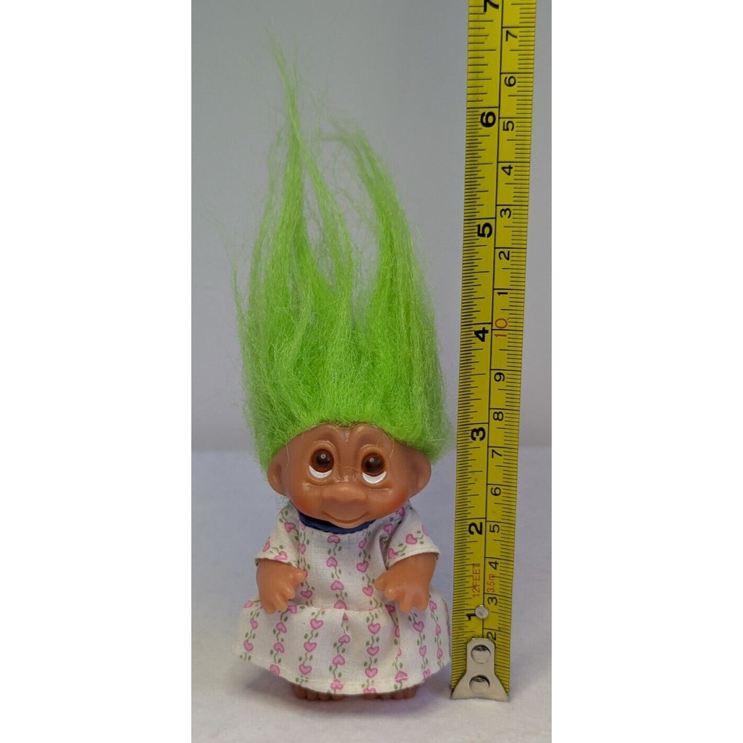 1985 D.A.M. 3" Troll Doll with Pink Heart Flower Dress and Green Hair Brown Eyes