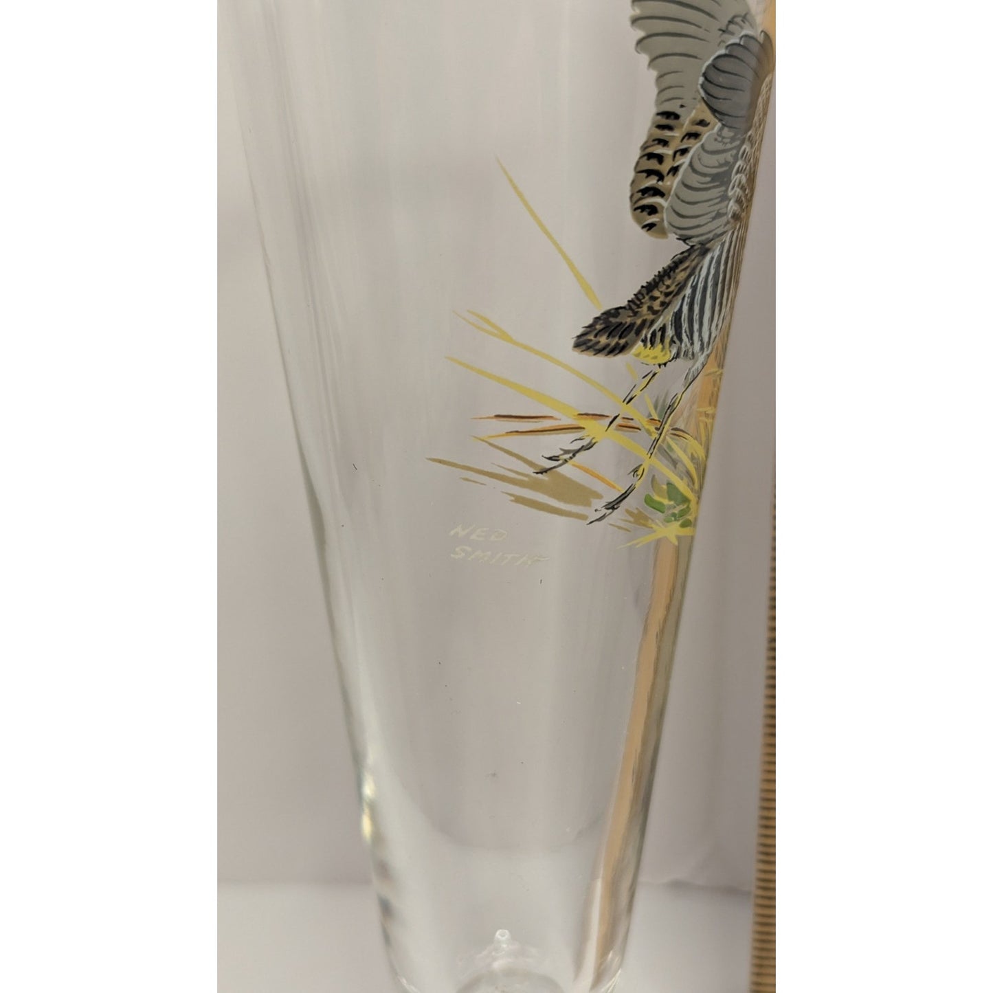 Vintage Ned Smith Hand Painted 8.25" SORA Gold Rimmed Pilsner Glass Waterfowl