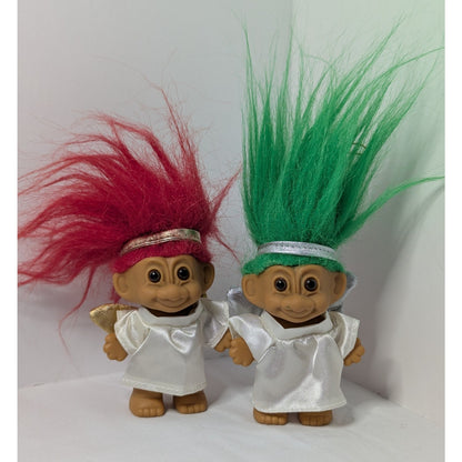 2 Vintage 90's 3" Russ Troll Doll Christmas Angels Ornaments Red & Green Hair