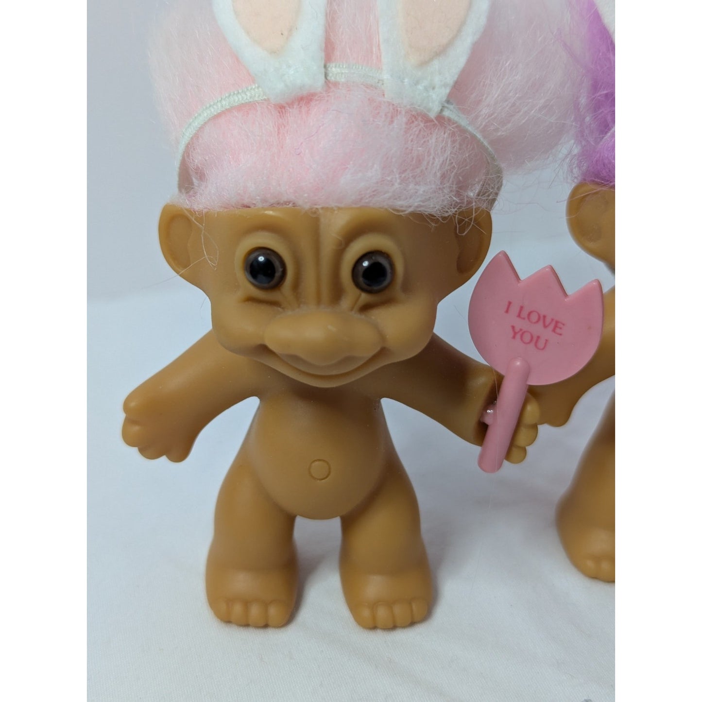Pair of Vintage Russ 3" Easter Bunny Troll Dolls Purple/Pink Hair Brown Eyes